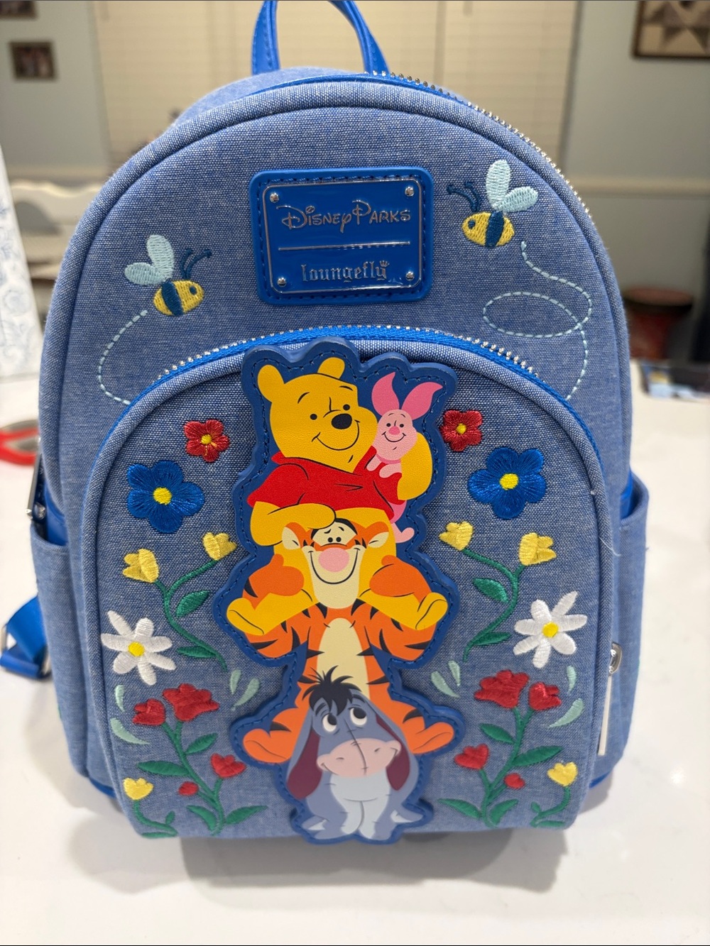 Disney Loungefly Blue Denim Mini Backpack -Winnie the Pooh and Floral Embroidery